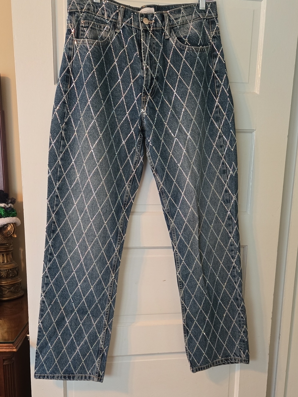 Zara Blue High-Rise Straight Jeans with Rhinestone Argyle Size 10